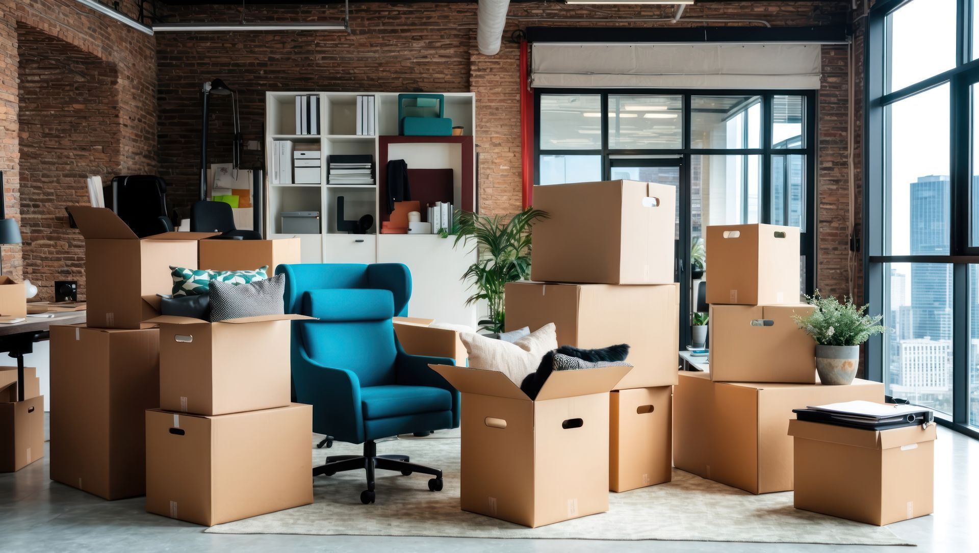 Office interior with cardboard boxes, a teal chair, and a window view.