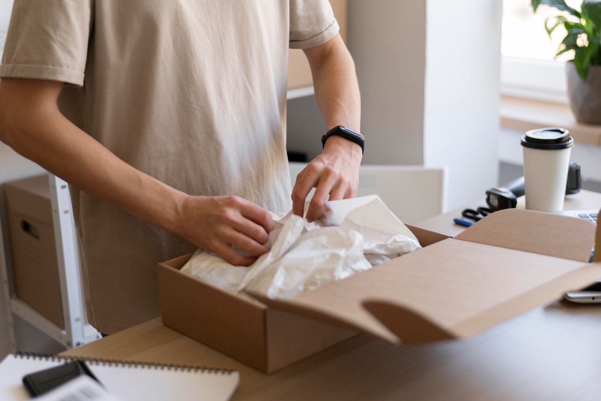 Person packing a cardboard box on a table, tissue paper visible.