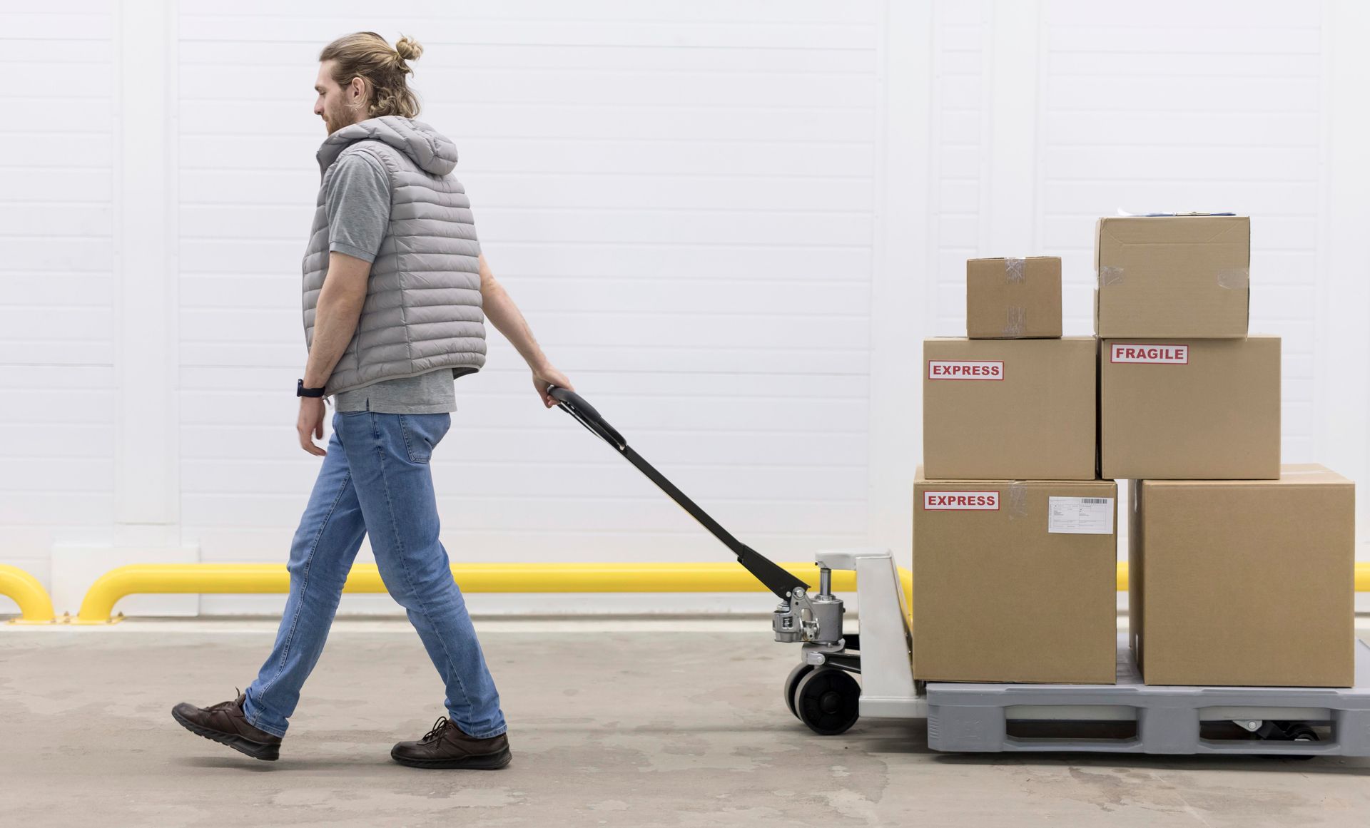 Person pulling a pallet jack loaded with cardboard boxes in a warehouse.