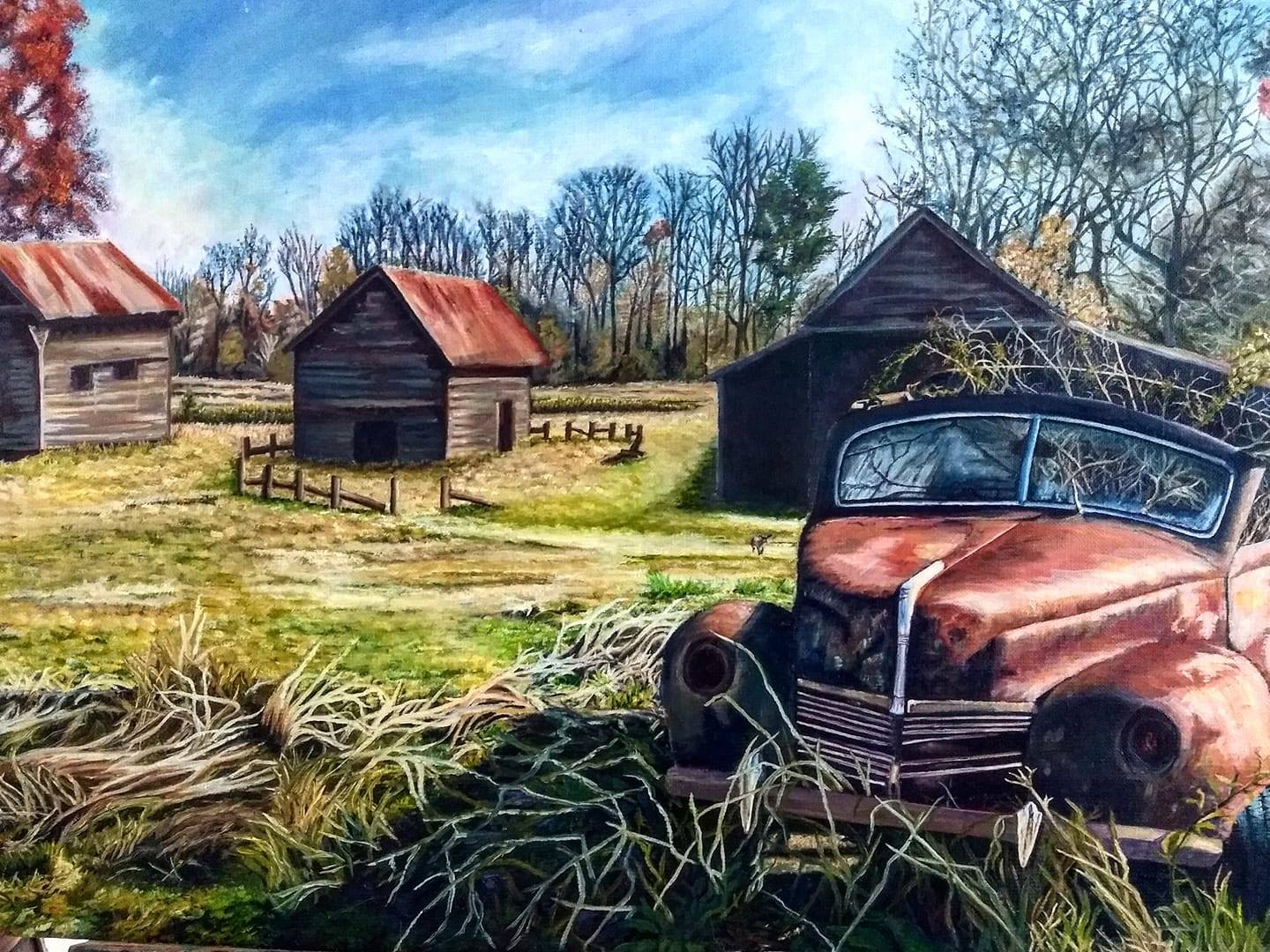 Painting of an old farm truck and barn by Elyse Johnson
