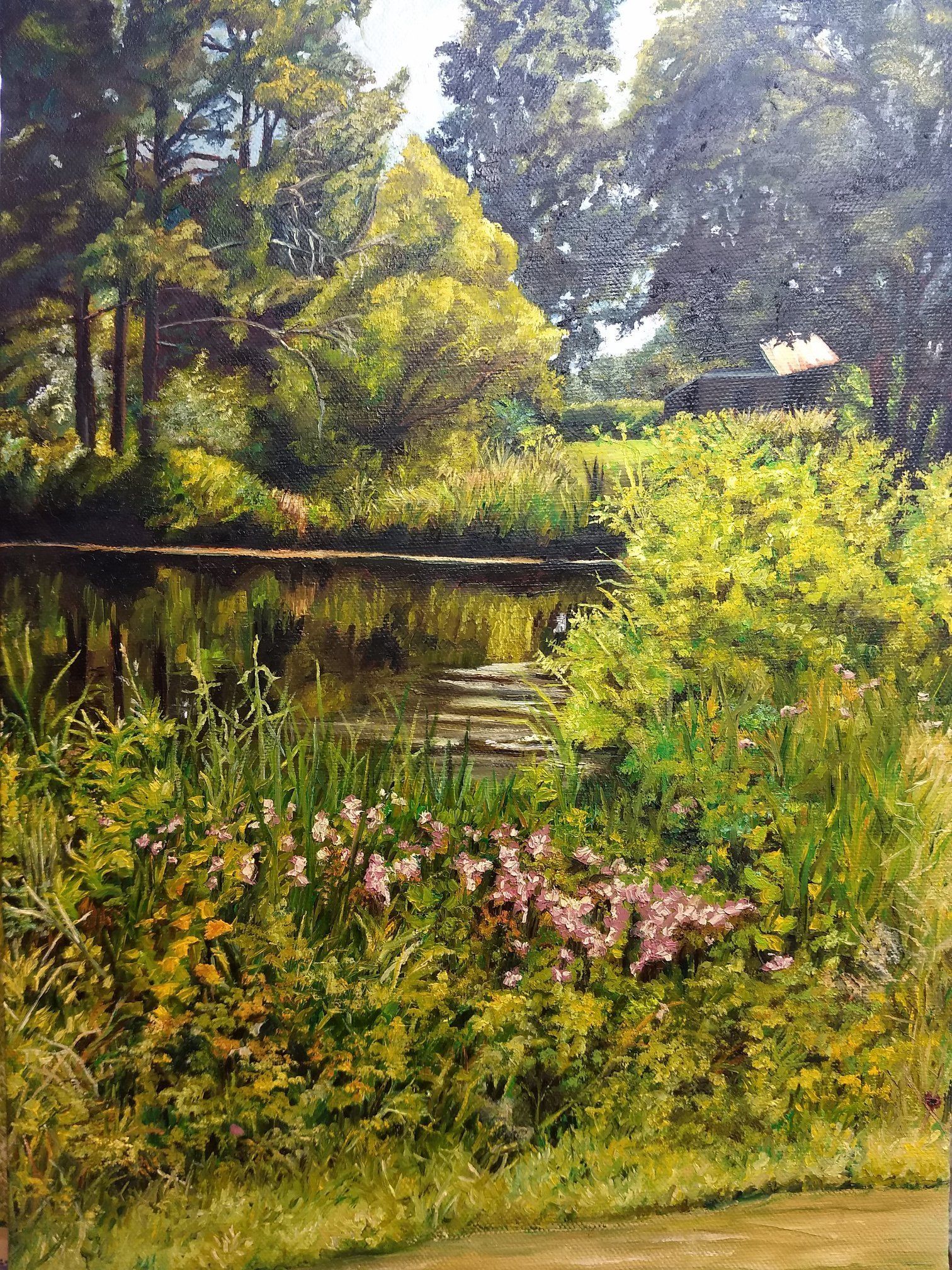 Painting of a country pond surrounded by woods by Elyse Johnson