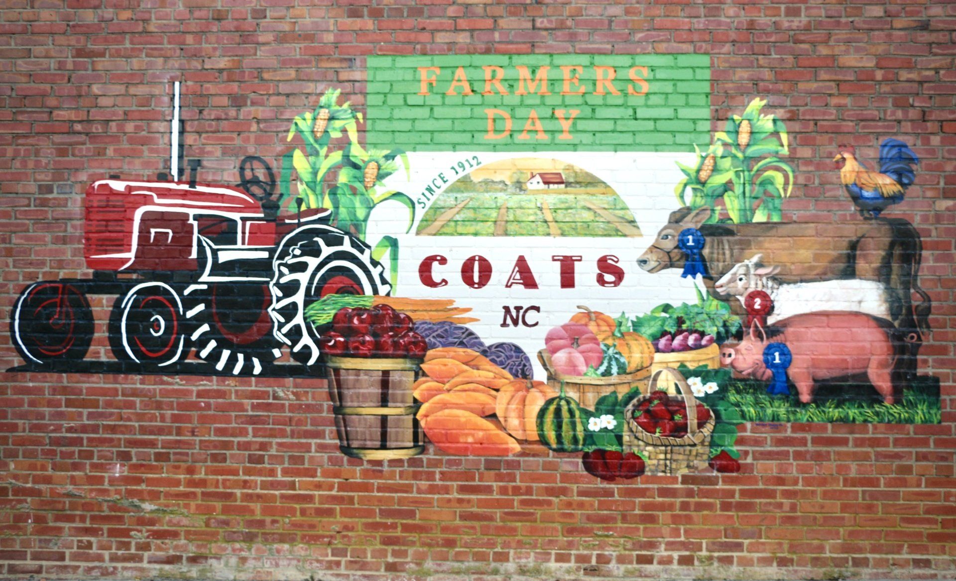 Photos of a farm mural in Coats, North Carolina featuring a tractor, produce, and farm animals