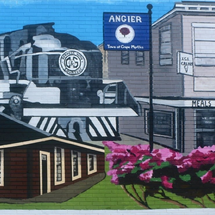 Yesteryears mural sharing the history of Angier, North Carolina by Elyse Johnson
