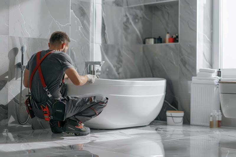 A man is kneeling next to a bathtub in a bathroom.