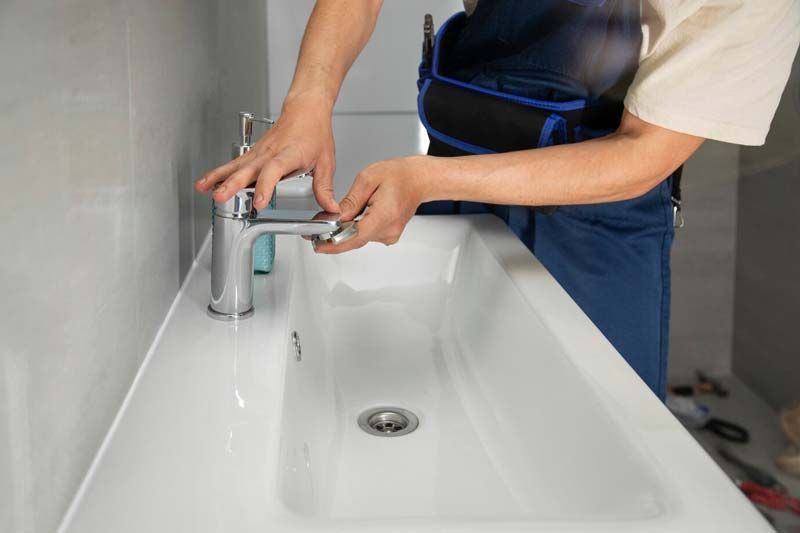 A man is fixing a faucet in a bathroom sink.