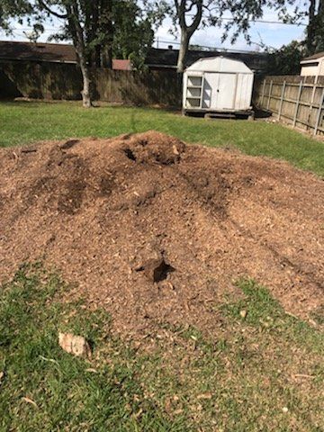 A pile of dirt in a yard next to a shed.