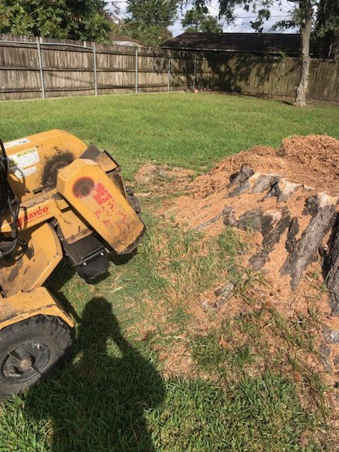 A stump grinder is sitting in the grass next to a tree stump. Tree Stump Grinding Service Metairie LA