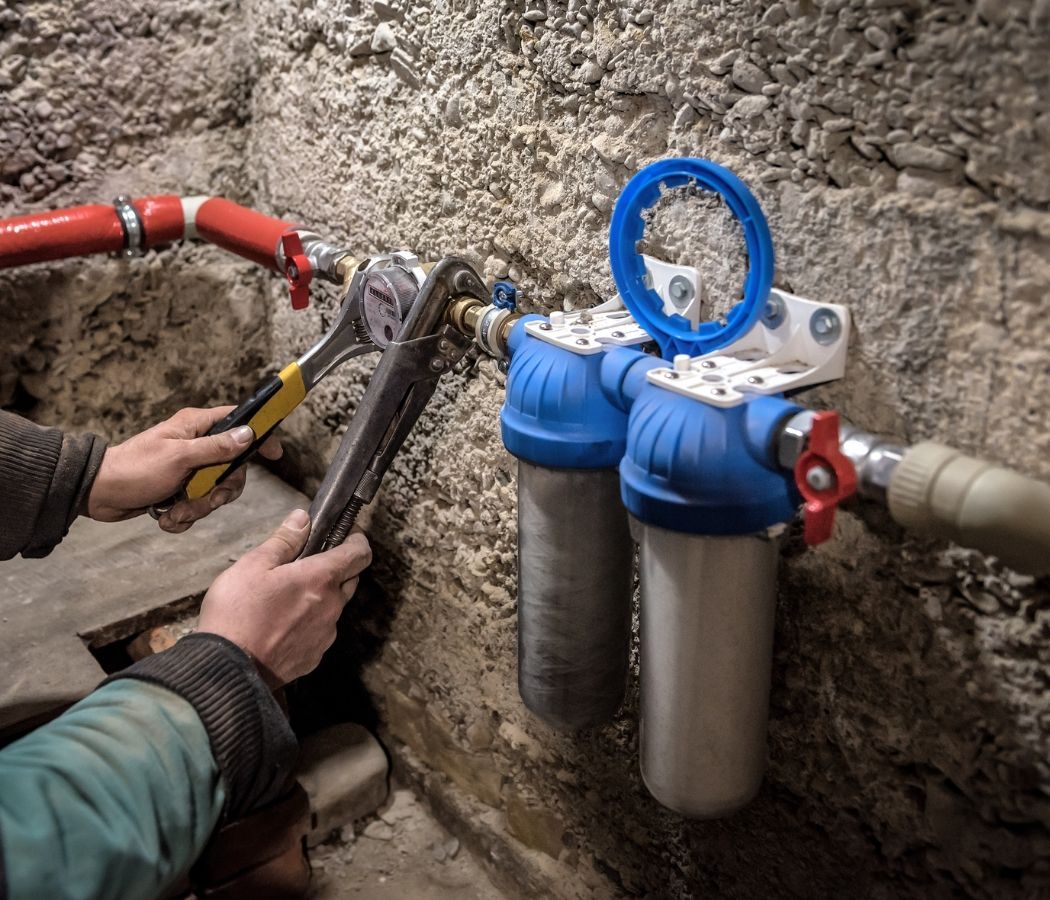A person is fixing a water filter with a wrench.