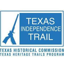 Logo for the Texas Independence Trail featuring a blue rectangle with the text and a silhouette of a long rifle.