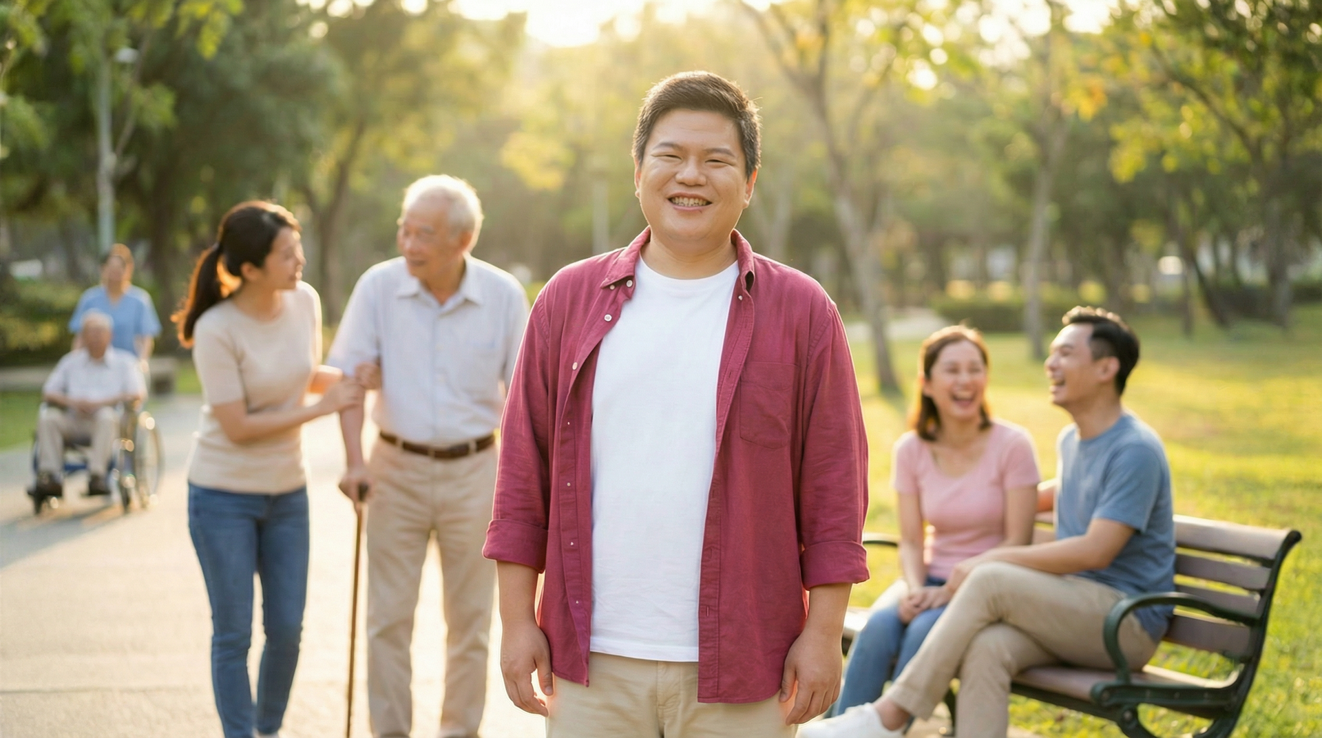 在陽光明媚的公園裡，曾鼎傑站在前景中，其他人則在小路上放鬆休息，背景中有一張長椅。