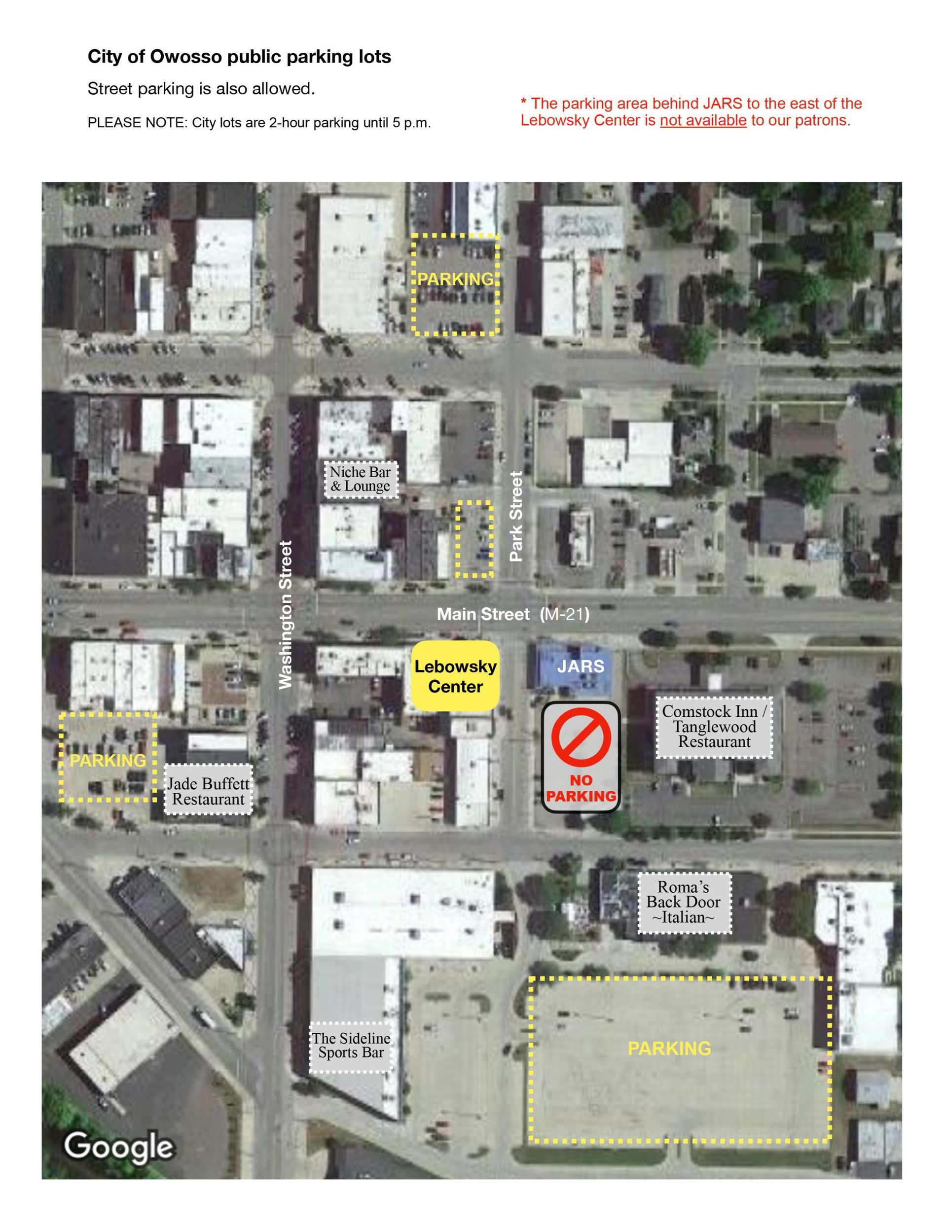 An aerial view of the city of Owosso indicates Lebowsky Center's location and parking information.