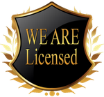 A black and gold shield that says we are licensed