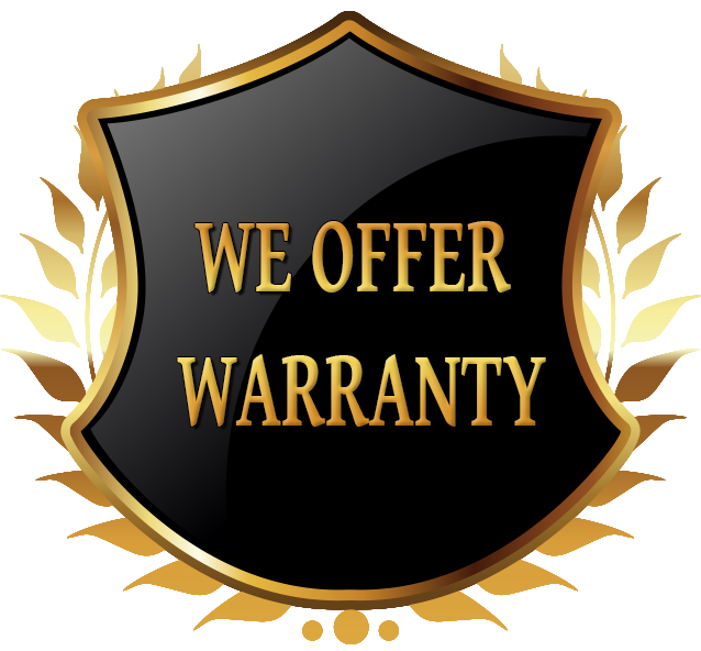 A shield with the words we offer warranty on it