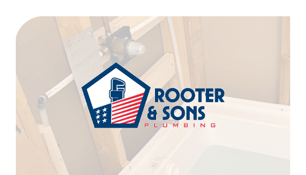 The logo for rooter & sons plumbing is shown on a business card.