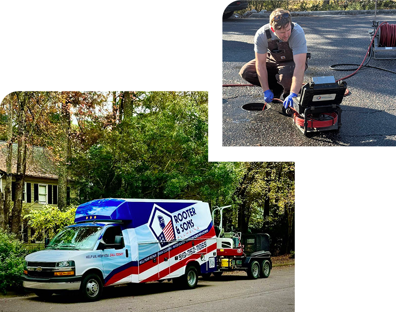 A plumber is working on a hole in the ground next to a roofer 's truck.