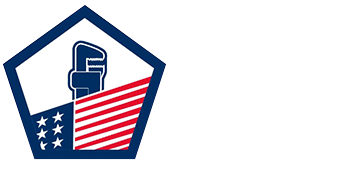 A blue and white logo with an american flag and a wrench.