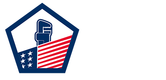 A blue and white logo with an american flag and a wrench.