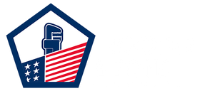 A blue and white logo with an american flag and a wrench.