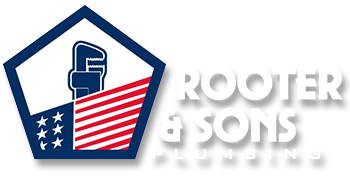 A logo for rooter & sons plumbing with an american flag and a wrench.