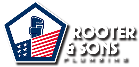 A logo for rooter & sons plumbing with an american flag and a wrench.