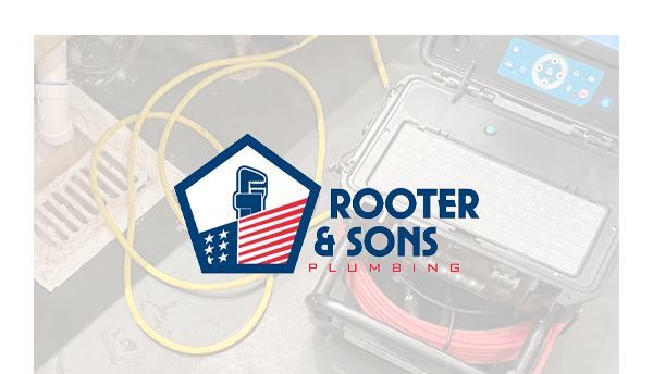 The logo for rooter & sons plumbing is on a white background.