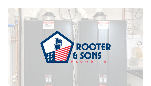 The logo for rooter & sons plumbing is on a white background.