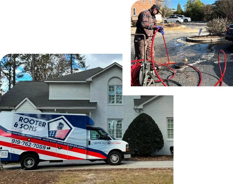 Rooter & Sons truck parked in front of a white house, a worker using equipment outside, and an overhead view of the worker.
