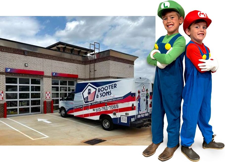 Two young boys dressed as mario and luigi are standing in front of a van.