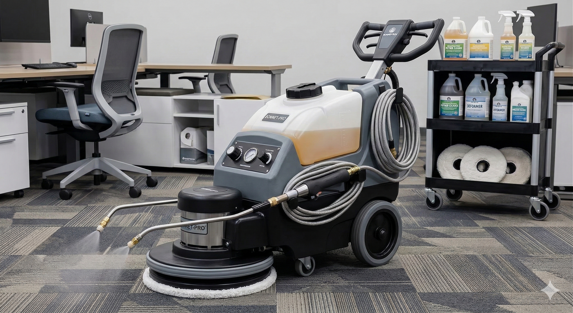 Floor cleaning machine on carpet in an office; cleaning supplies on a cart are in the background.