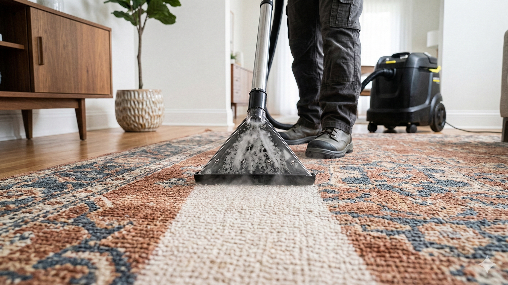 Person steam-cleaning a patterned rug with an industrial cleaner in a living room.