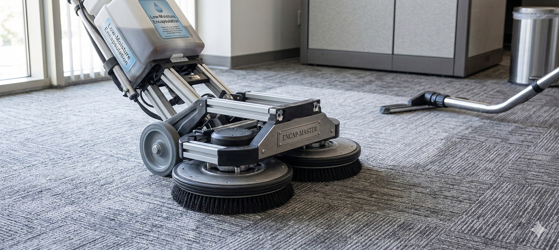 A commercial carpet cleaner with two rotating brushes and a vacuum hose cleaning a carpeted office floor.