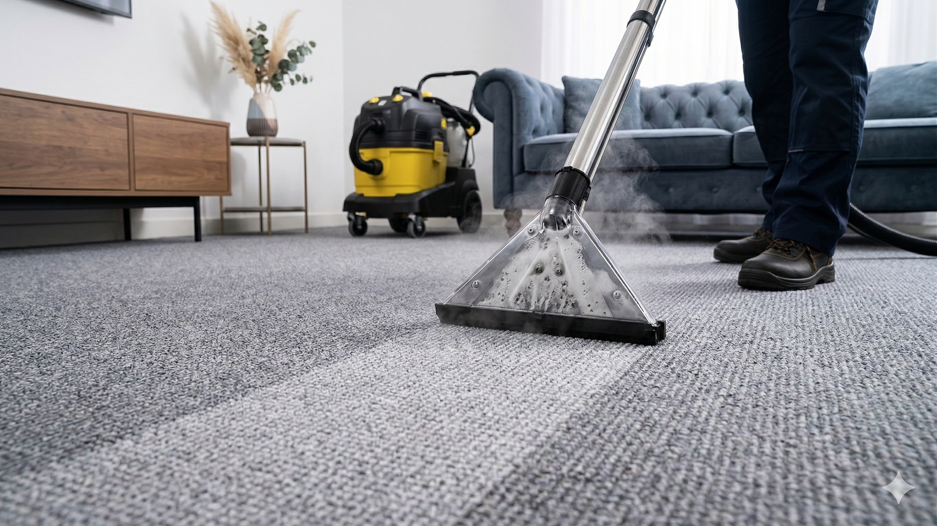 Person steam cleaning a light gray carpet with a professional machine in a living room.