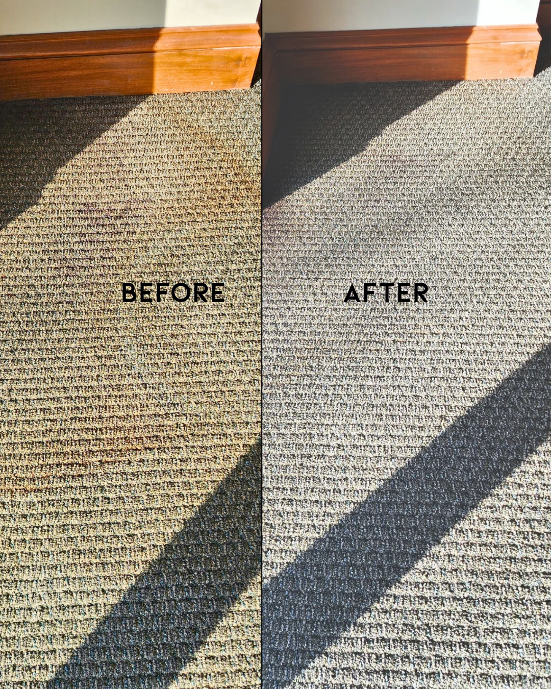 Carpet cleaning comparison: Before and after view of stained carpet, now clean.