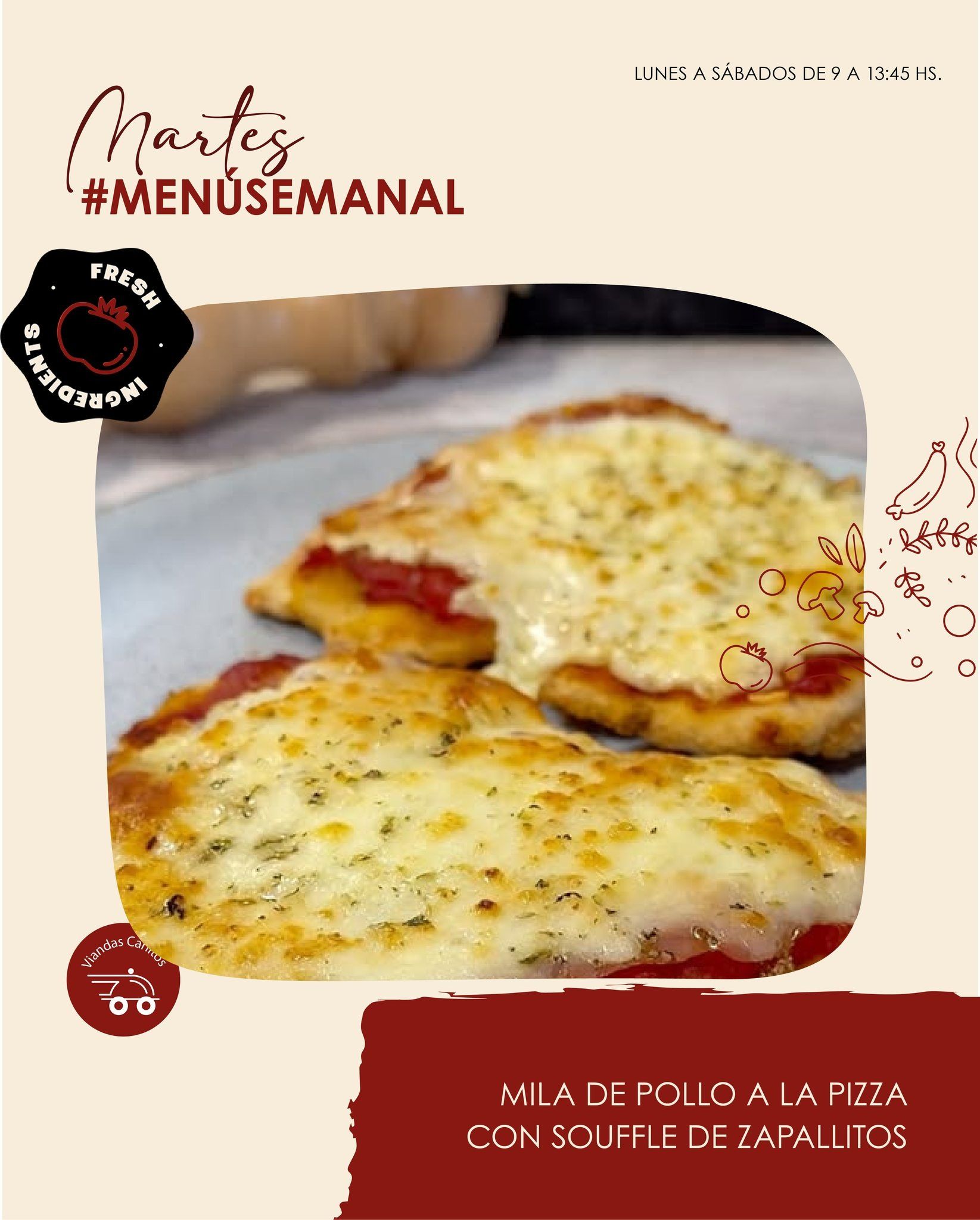 Primer plano de rebanadas de pizza con queso en una bandeja con un fondo gráfico promocional de color beige.