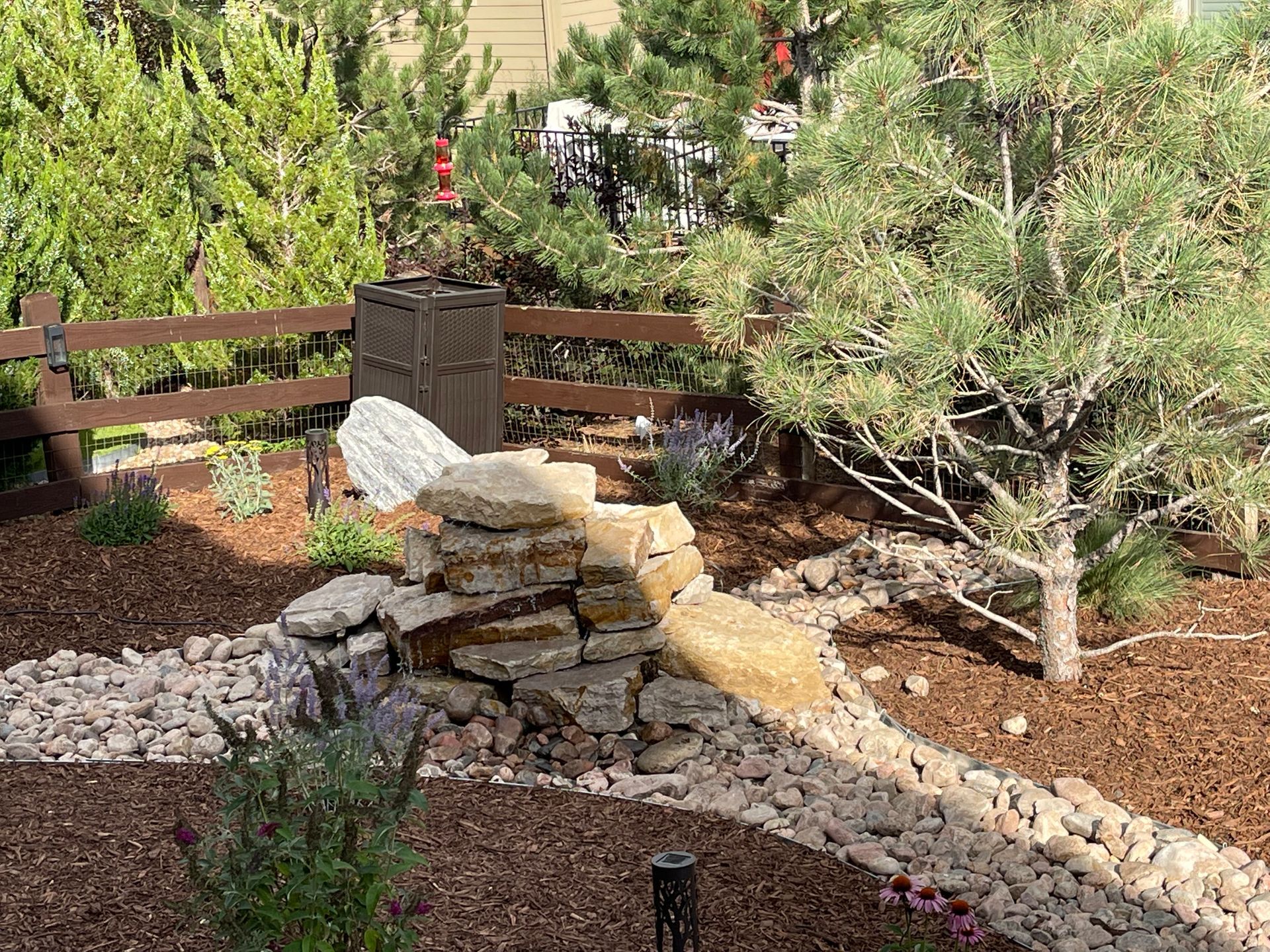 There is a wooden fence in the background and a rock wall in the foreground.