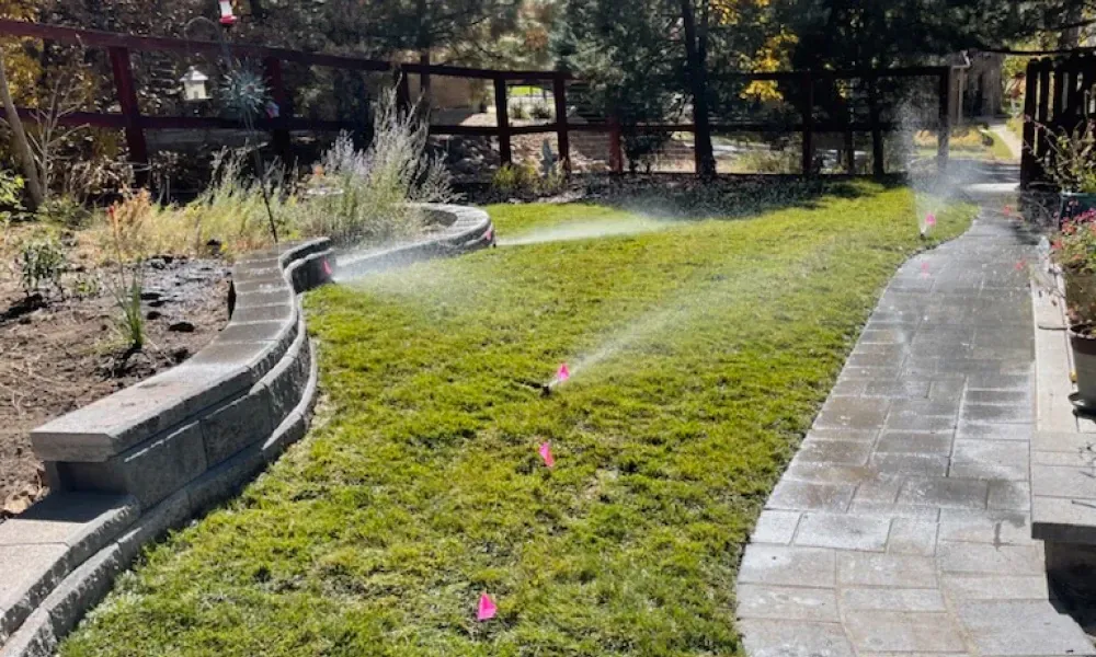 A lawn sprinkler is spraying water on a lush green lawn.
