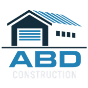 Logo for ABD Construction, featuring a stylized building in blue and a bold 