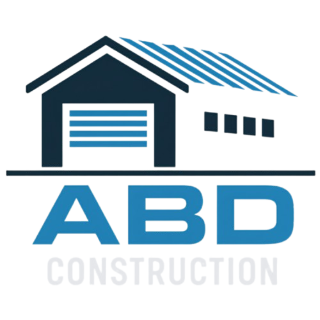 Logo for ABD Construction, featuring a stylized building in blue and a bold 