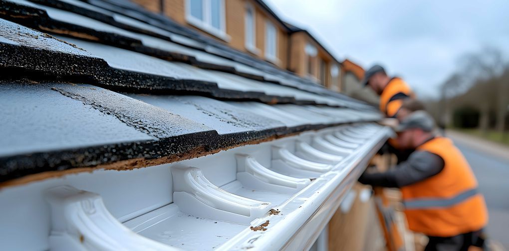 A man is installing a gutter on the roof of a house.