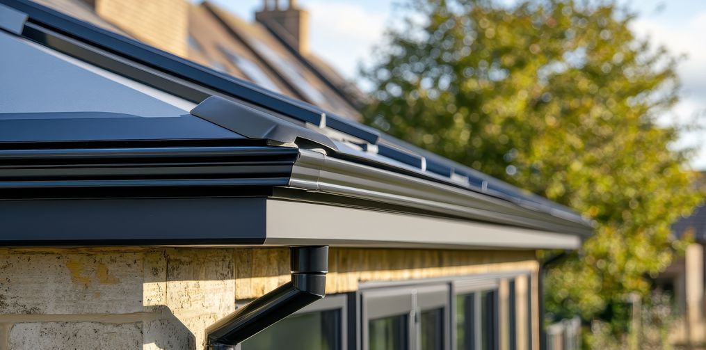 A close up of a gutter on the side of a house.
