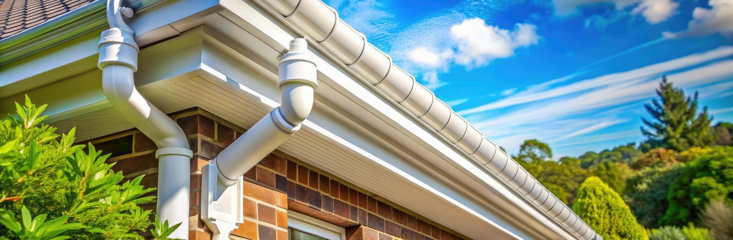 A white gutter on the side of a brick house.