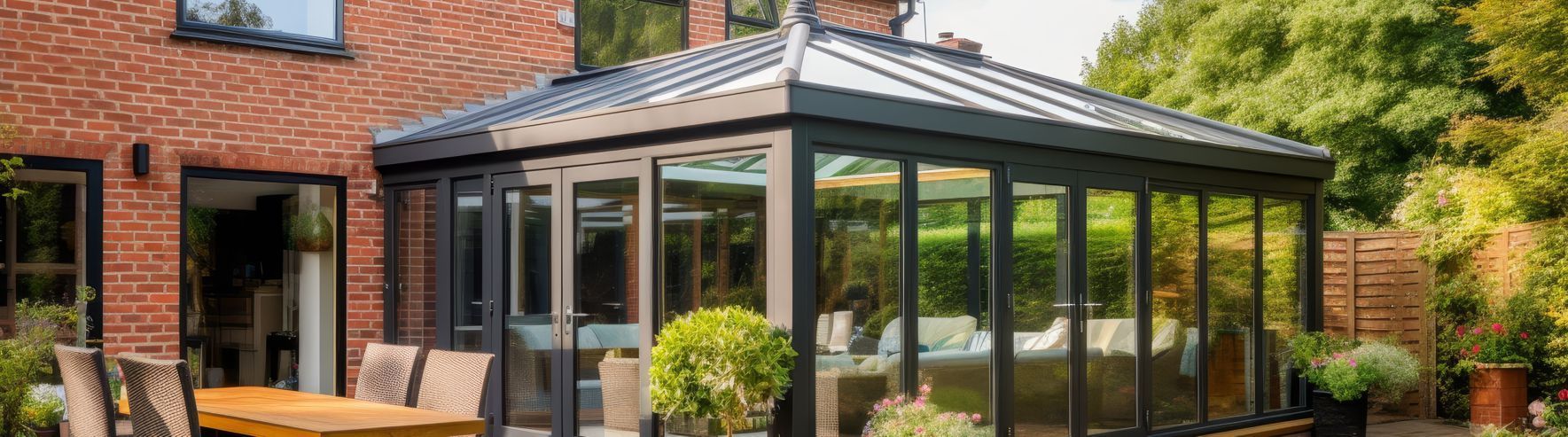 A large conservatory with a table and chairs in front of a brick house.