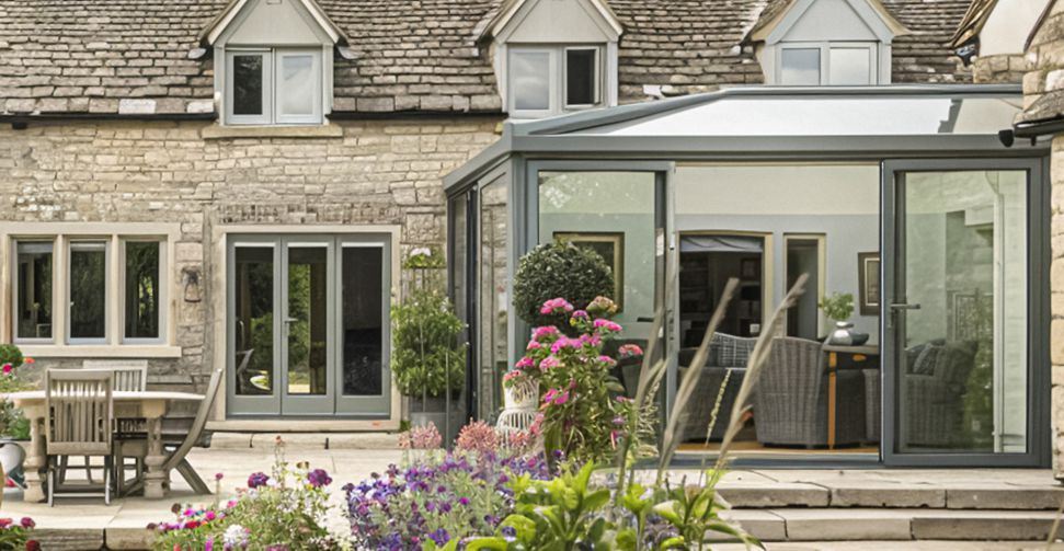 A house with a conservatory and a patio with flowers in front of it.