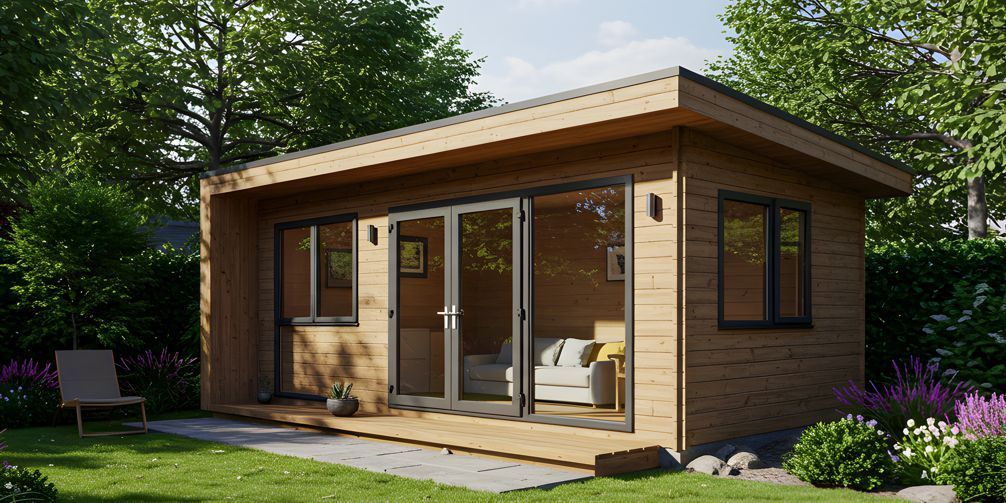 A small wooden house with a lot of windows and doors in a backyard.