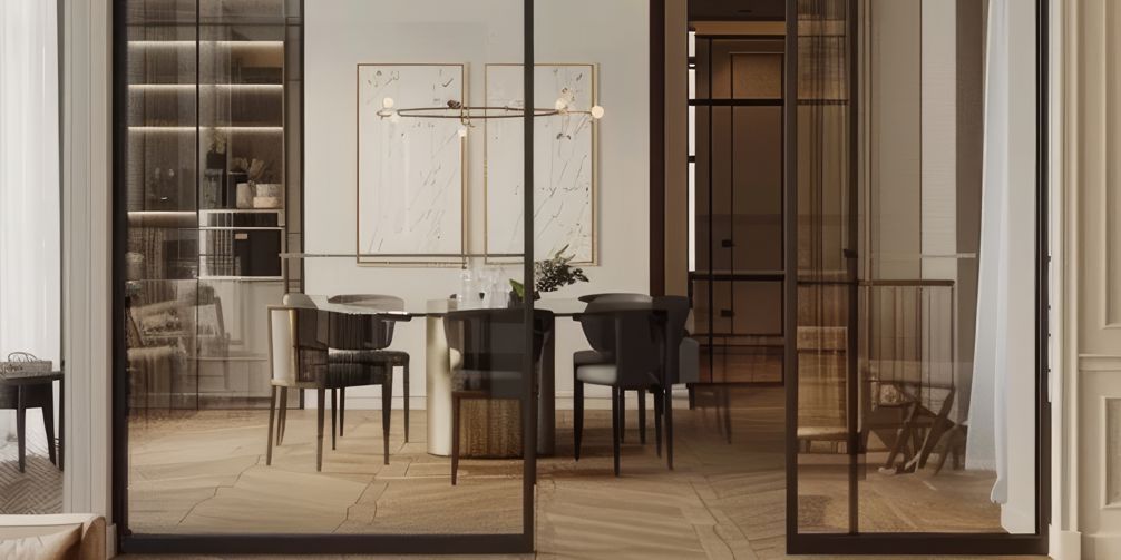 A dining room with a table and chairs and sliding glass doors.