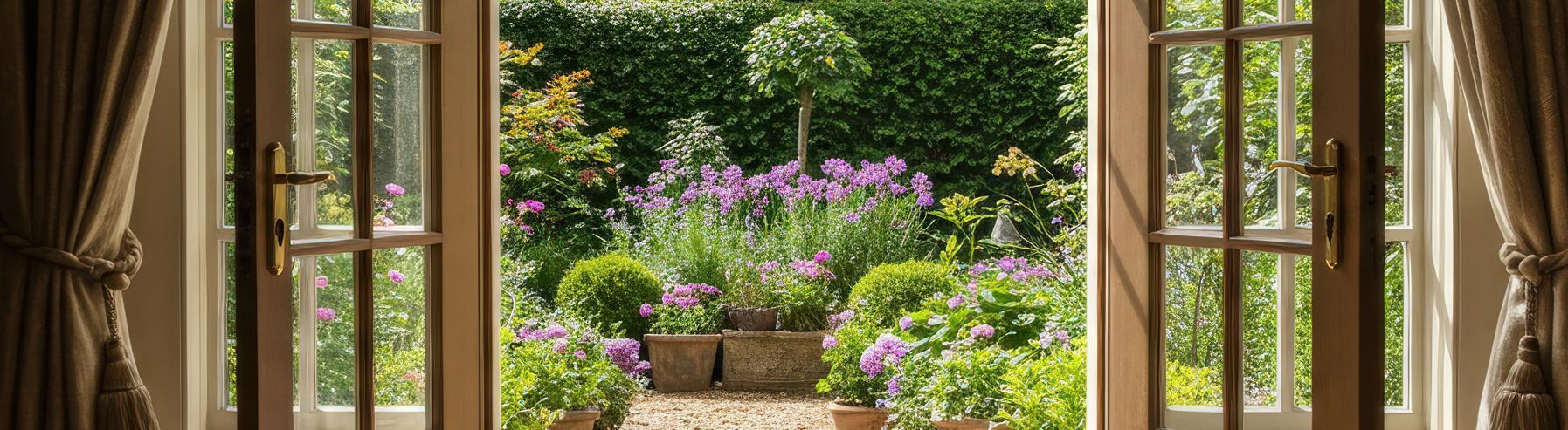 A view of a garden from a living room through open french doors.