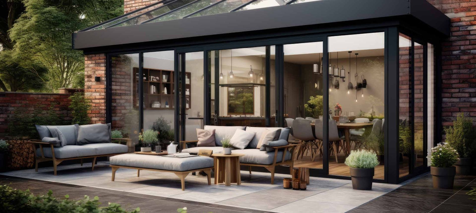 A patio with a couch , table and chairs in front of a house.