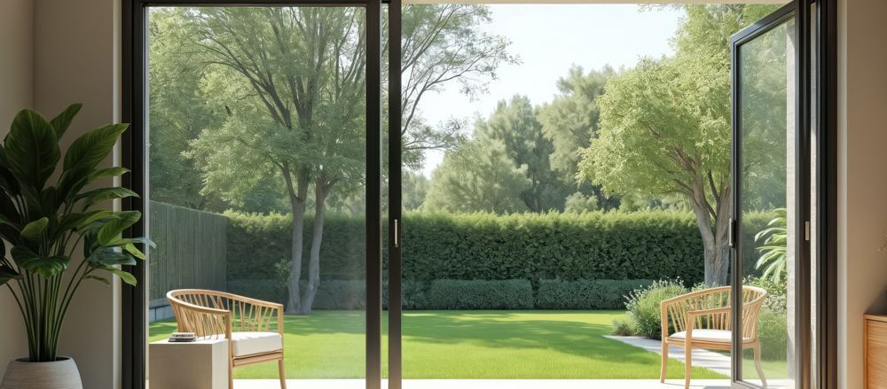 A living room with sliding glass doors leading to a patio.