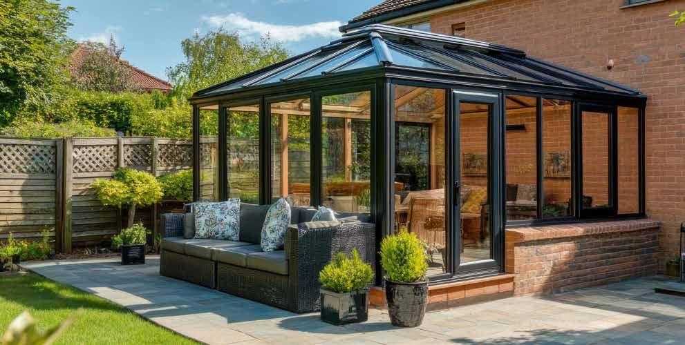 A conservatory with a couch and potted plants in front of a brick house.