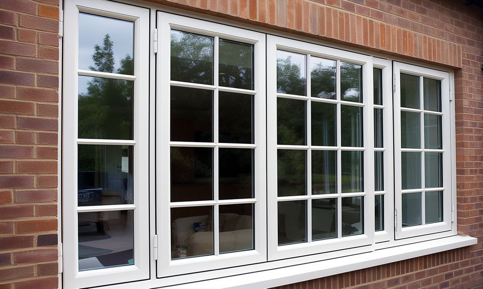 A large white window on the side of a brick building.